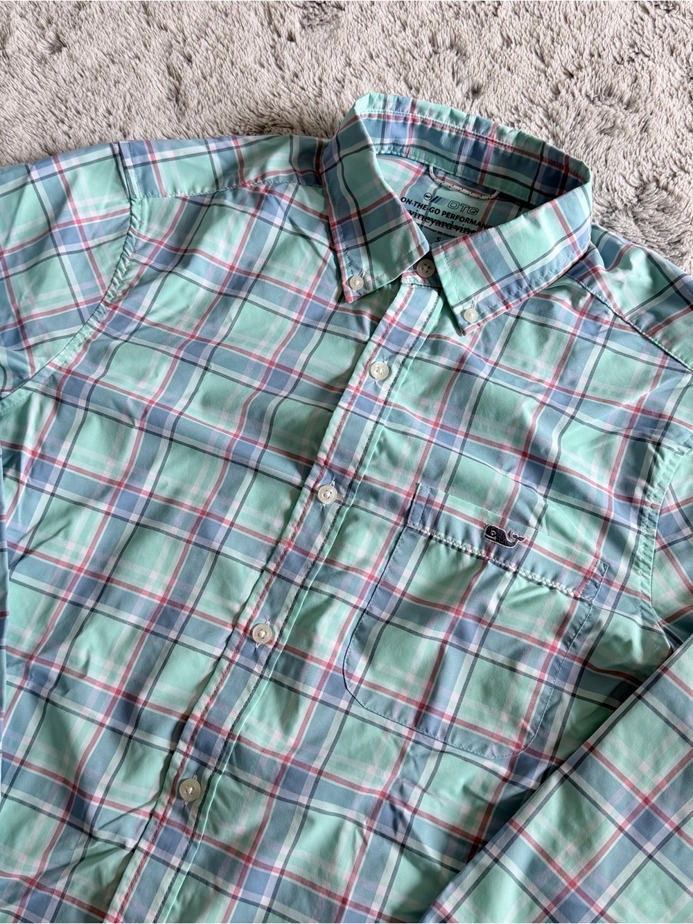 Vineyard Vines On The Go Performance Button Up Plaid Shirt Sz S Teal Blue